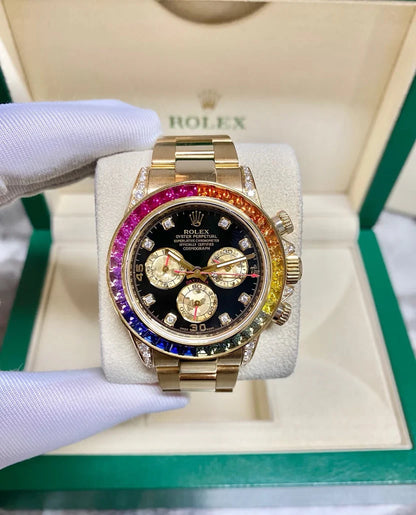 Rainbow Sapphire Gold Chronograph Luxury Automatic Watch, Swiss Craftsmanship