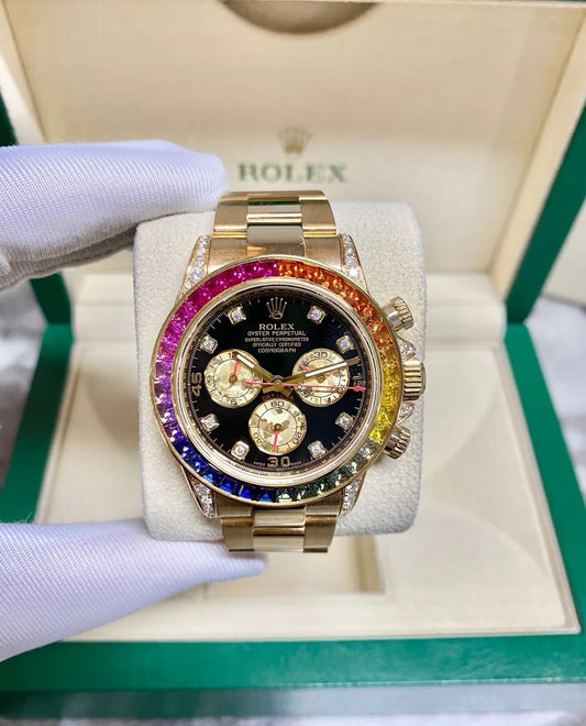 Rainbow Sapphire Gold Chronograph Luxury Automatic Watch, Swiss Craftsmanship