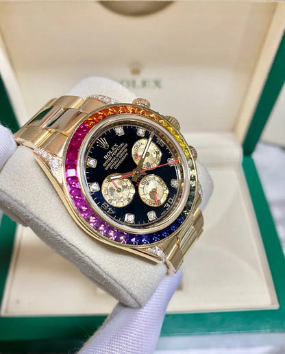 Rainbow Sapphire Gold Chronograph Luxury Automatic Watch, Swiss Craftsmanship