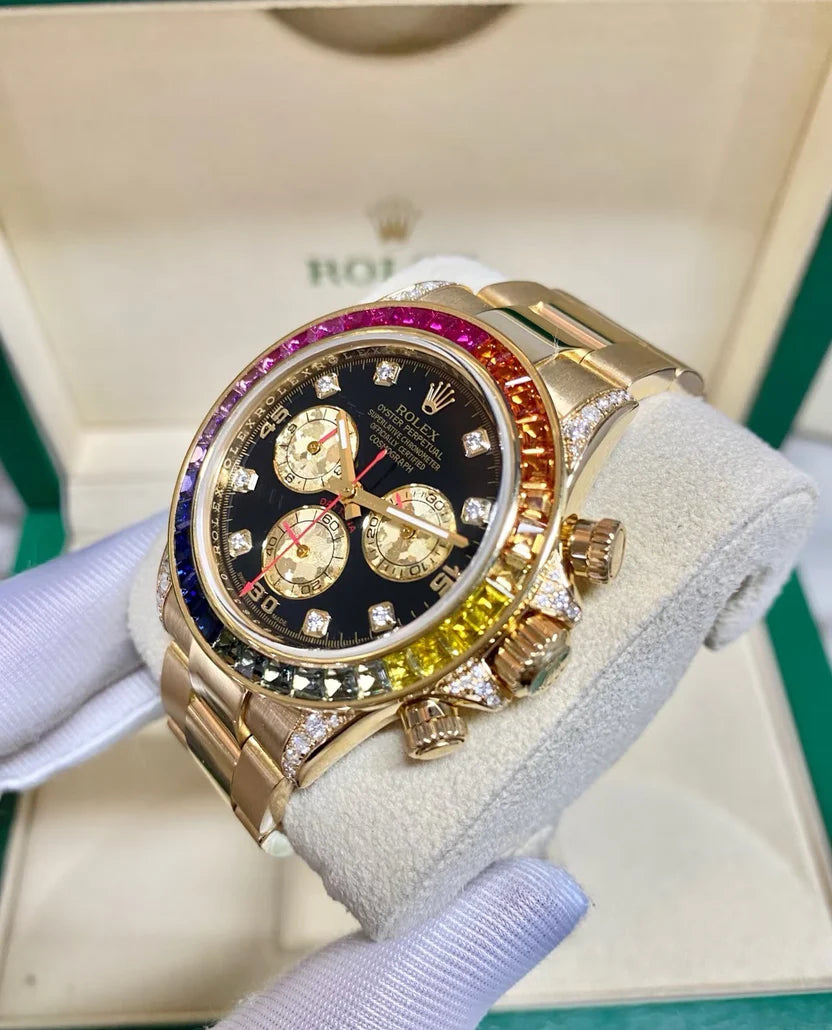 Rainbow Sapphire Gold Chronograph Luxury Automatic Watch, Swiss Craftsmanship