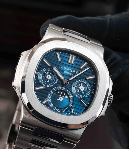 Stainless Steel Nautilus-Style Perpetual Calendar Luxury Watch, Blue Gradient Dial, Swiss Made Automatic Movement