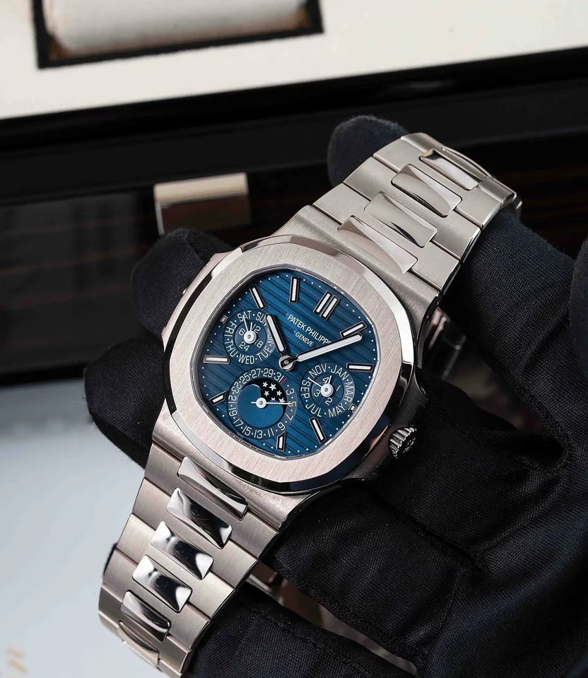 Stainless Steel Nautilus-Style Perpetual Calendar Luxury Watch, Blue Gradient Dial, Swiss Made Automatic Movement