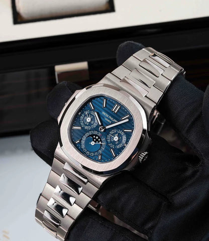 Stainless Steel Nautilus-Style Perpetual Calendar Luxury Watch, Blue Gradient Dial, Swiss Made Automatic Movement