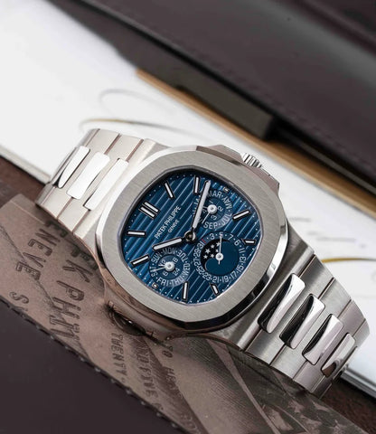Stainless Steel Nautilus-Style Perpetual Calendar Luxury Watch, Blue Gradient Dial, Swiss Made Automatic Movement